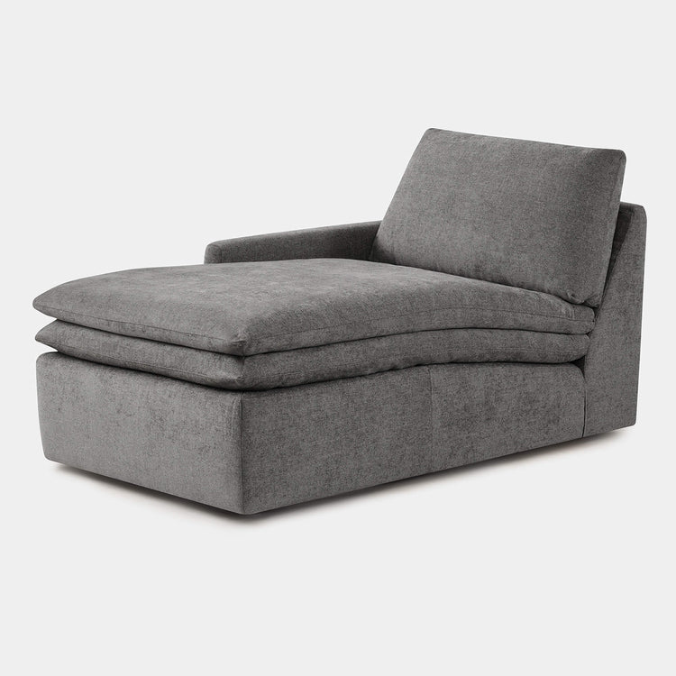 Ohana cloud-like modular chaise in grey linen fabric with plush cushions.