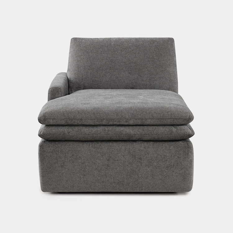 Ohana Cloud-like Modular Chaise in Fossil Gray, featuring plush linen upholstery, layered cushions, and a modern block base.