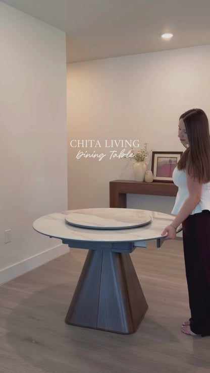 Camila Extendable Sintered Stone Dining Table with Lazy Susan, 24.8"-52.9"