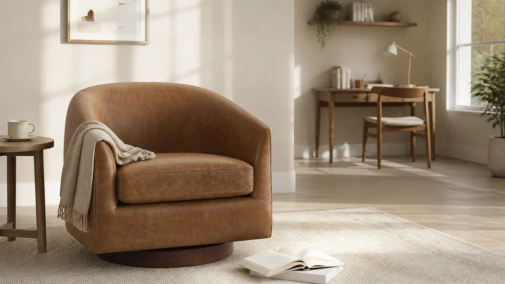 Wren swivel accent chair in a reading corner separated from a study desk