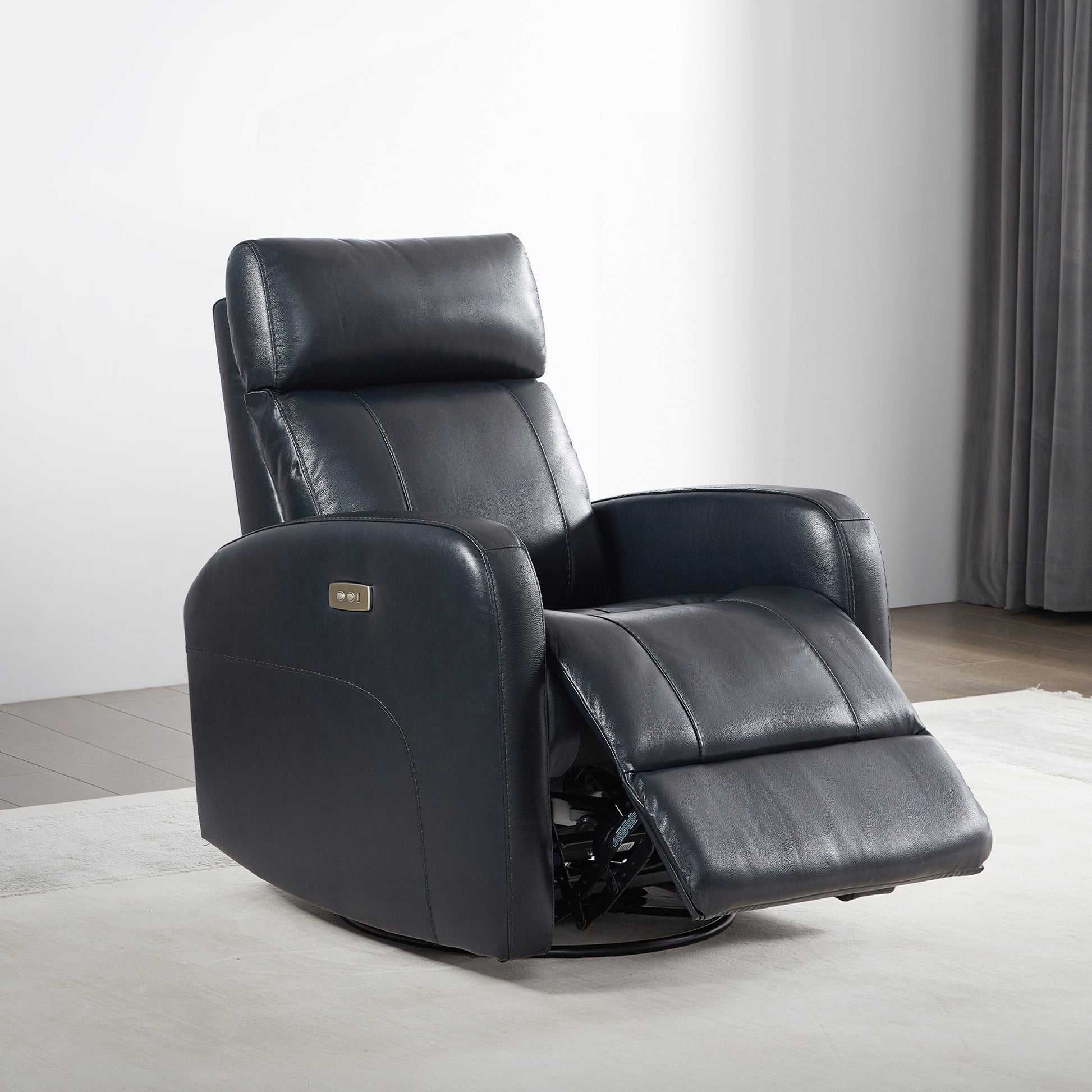 CHITA LIVING-Joy Power Swivel Recliner with Manual Headrest-Recliners-Genuine Leather-Navy-