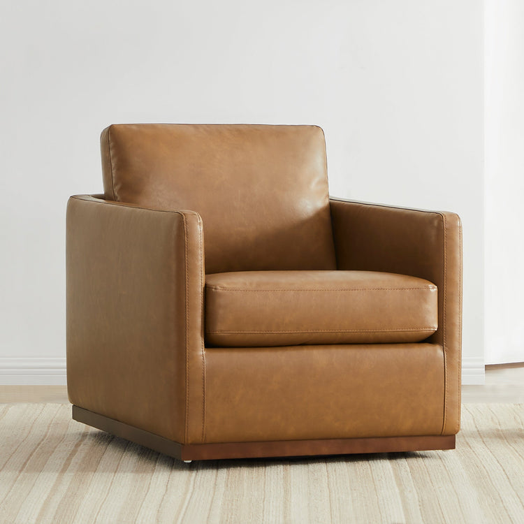 CHITA LIVING-Henry Swivel Accent Chair with Wood Base-Accent Chair-Faux Leather-Saddle Brown-