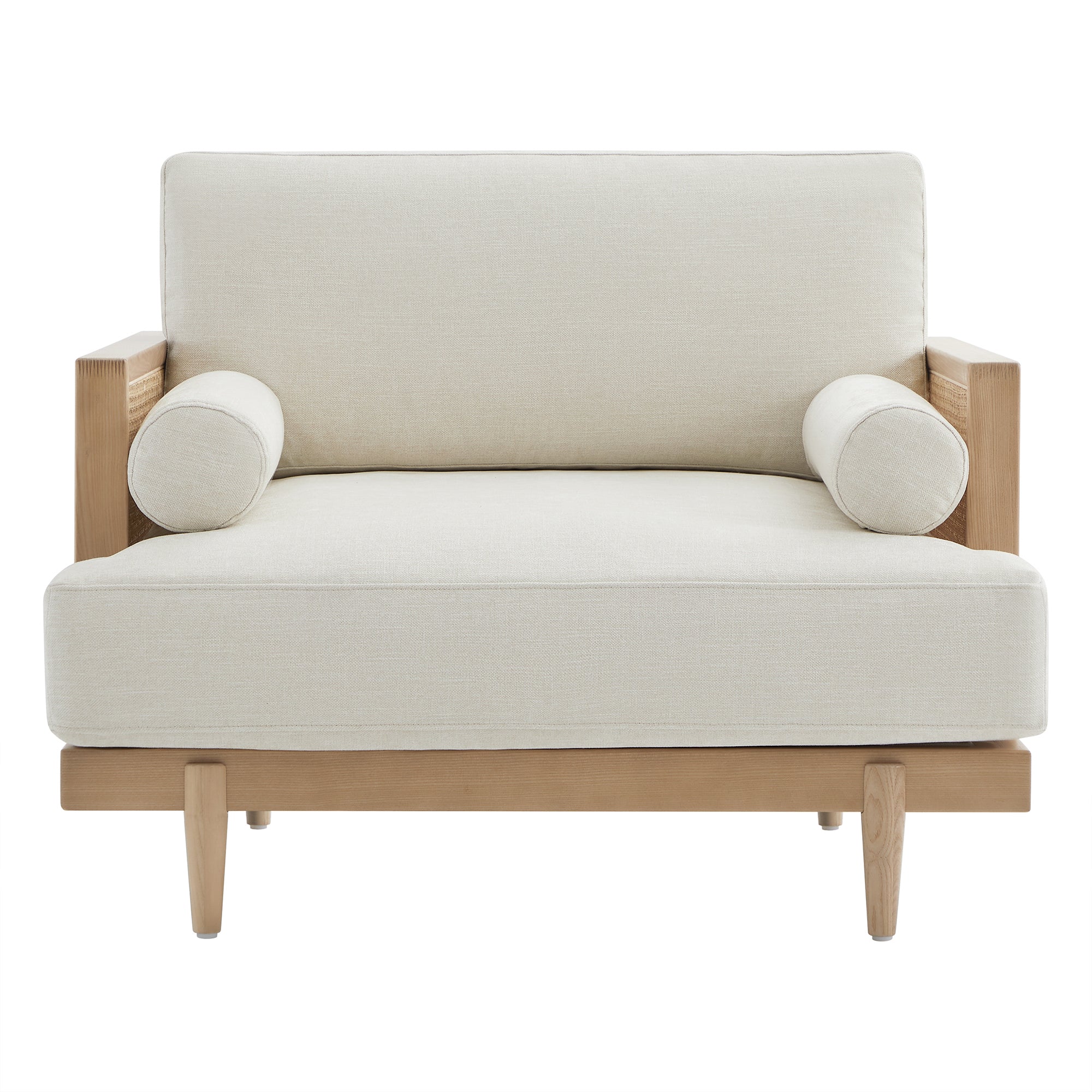 Julane cane armchair in light cream with natural wood detailing and round cushions - CHITA Living