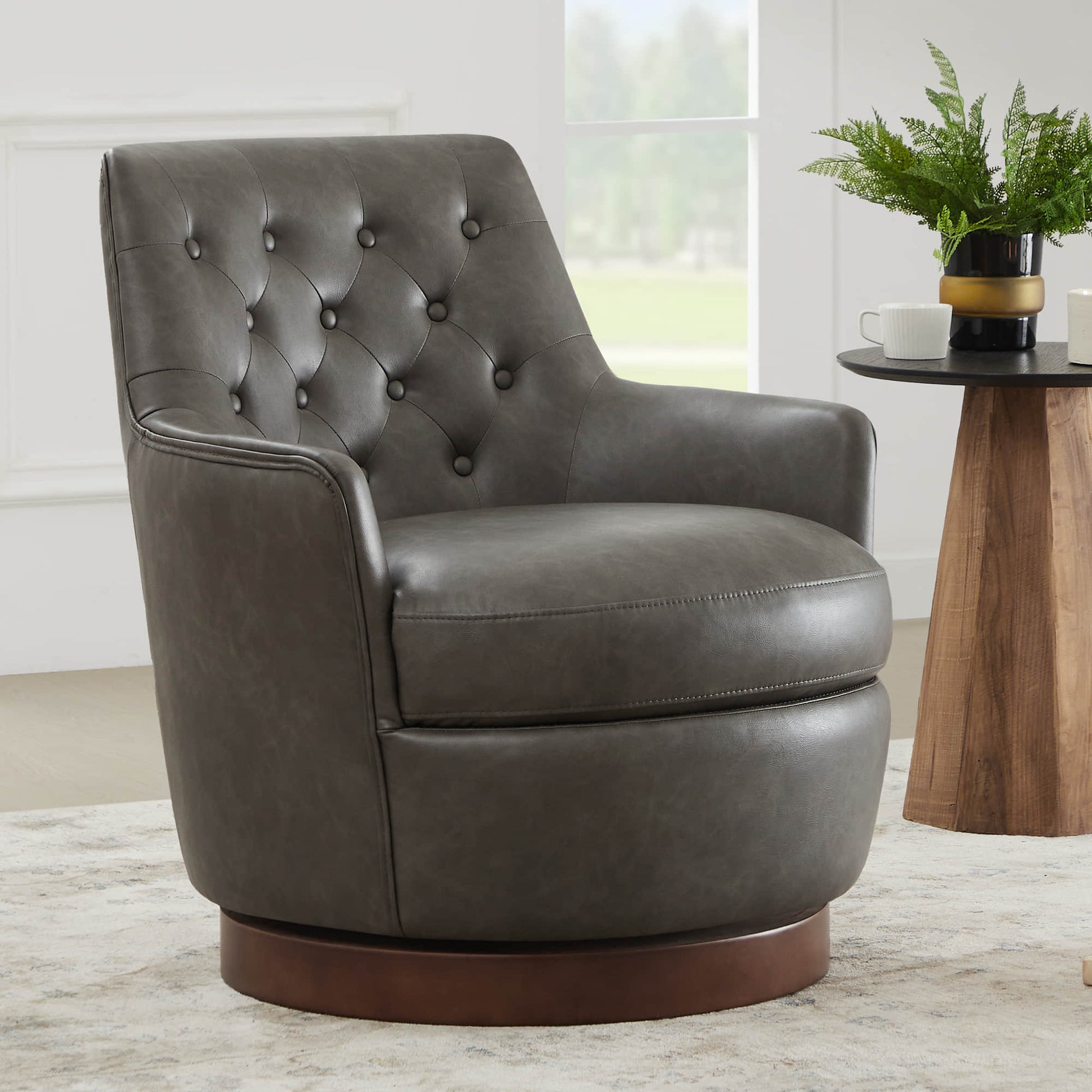 CHITA LIVING-Lindy Tufted Swivel Accent Chair-Accent Chair-Faux Leather-Cognac Brown-