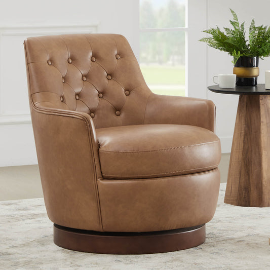 CHITA LIVING-Lindy Tufted Swivel Accent Chair-Accent Chair-Faux Leather-Cognac Brown-