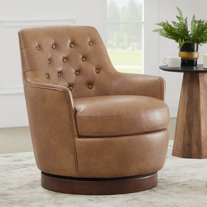 CHITA LIVING-Lindy Tufted Swivel Accent Chair-Accent Chair-Faux Leather-Cognac Brown-