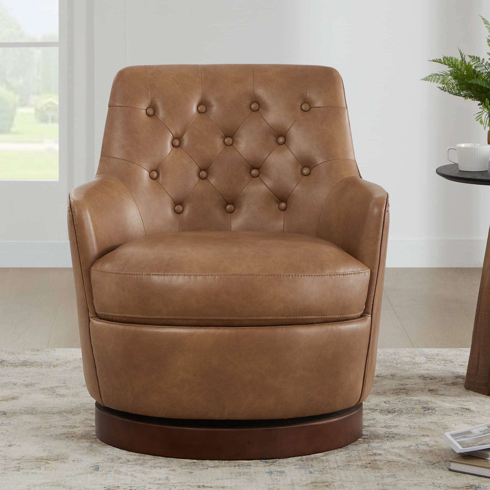 CHITA LIVING-Lindy Tufted Swivel Accent Chair-Accent Chair-Faux Leather-Cognac Brown-