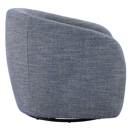 Side view of light gray Bella Modern Swivel Accent Chair with curved design and padded back.