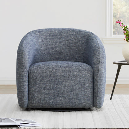 Cozy swivel accent chair with rounded shape and dark gray upholstery.