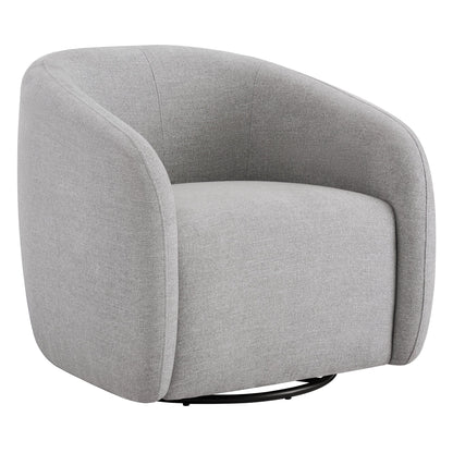 Light gray swivel chair with curved design and plush padding for cozy comfort.