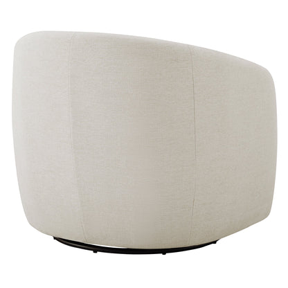 Back view of Bella Modern Swivel Accent Chair in light fabric with a curved design.