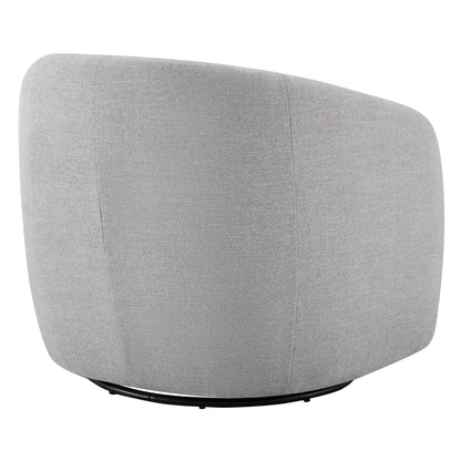 Back view of light gray swivel accent chair highlighting padded curved design.