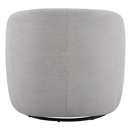 Curved light gray swivel chair back view highlighting plush design and swivel base.