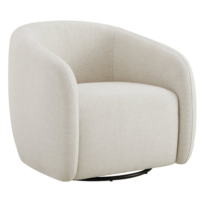 Curved light gray swivel accent chair with padded back and metal base.