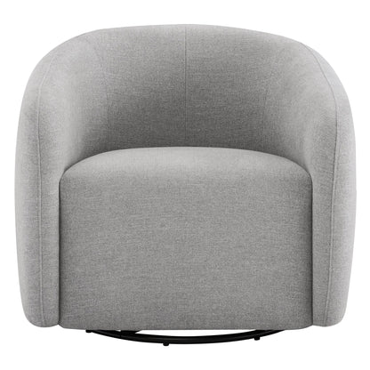 Curved light gray swivel chair with cozy padding and metal 360-degree swivel base.