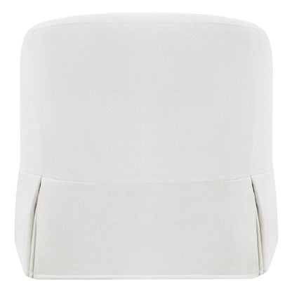 Back of EllaGrace slipcovered swivel armchair in soft white, showcasing clean kick-pleat corners - CHITA Living