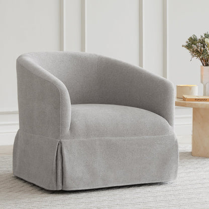 Soft gray EllaGrace swivel armchair with rounded design and kick-pleat detailing - CHITA Living