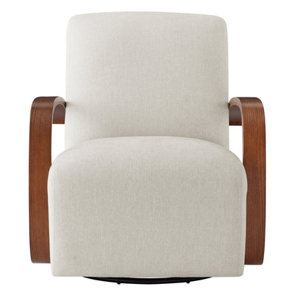 Liora Modern Swivel Accent Chair in cream fabric with curved wood arms, front view - CHITA Living