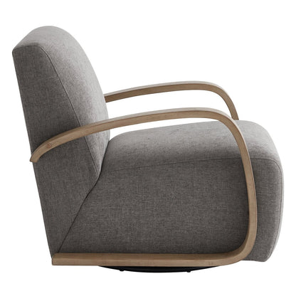 Liora Modern Swivel Accent Chair in gray upholstery with wood arms, side view - CHITA Living