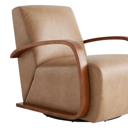 Close-up of Liora Modern Swivel Accent Chair with tan upholstery and wooden armrests - CHITA Living