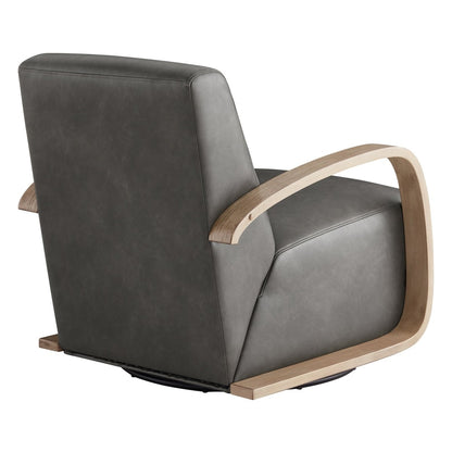 Liora Modern Swivel Accent Chair back view in gray upholstery with solid wood arms - CHITA Living