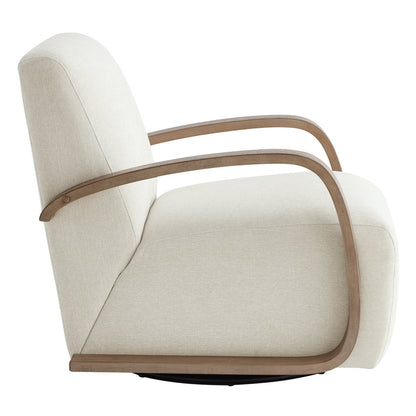 Liora Modern Swivel Accent Chair side view in cream upholstery with light wood arms - CHITA Living