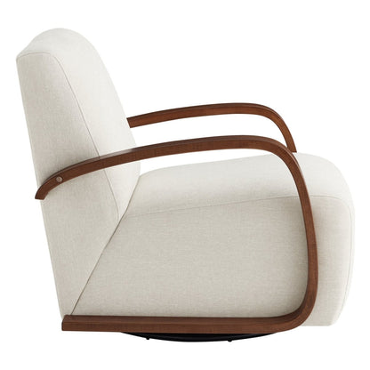 Liora Modern Swivel Accent Chair with cream upholstery and curved wooden arms, side view - CHITA Living