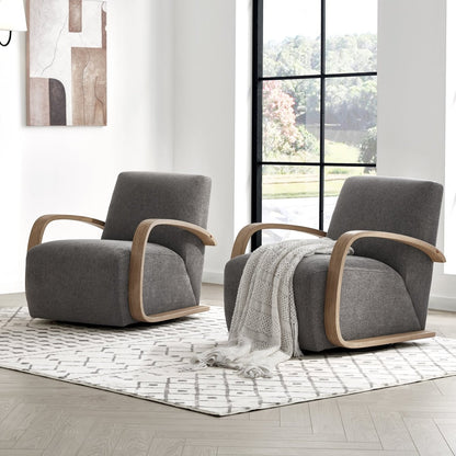 Two Liora Modern Swivel Accent Chairs in gray upholstery with wood arms in a bright room - CHITA Living