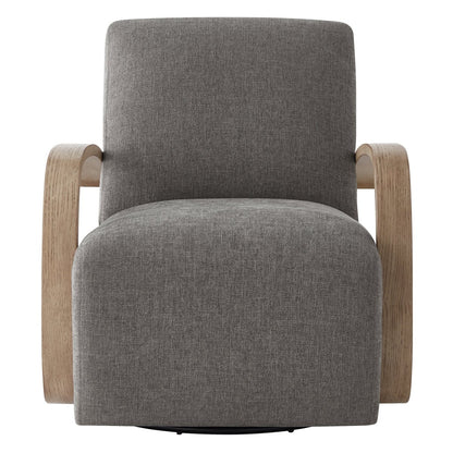 Liora Modern Swivel Accent Chair in gray upholstery with wood arms, front view - CHITA Living