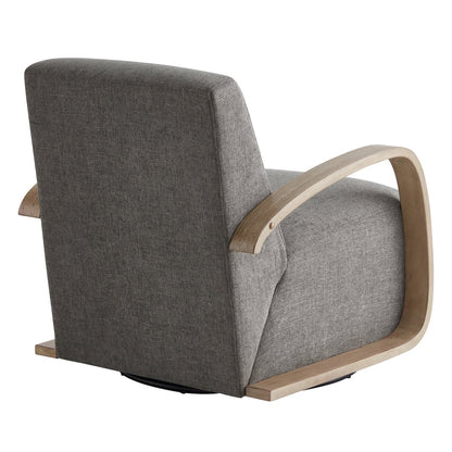 Liora Modern Swivel Accent Chair with gray upholstery and wooden arms, back view - CHITA Living