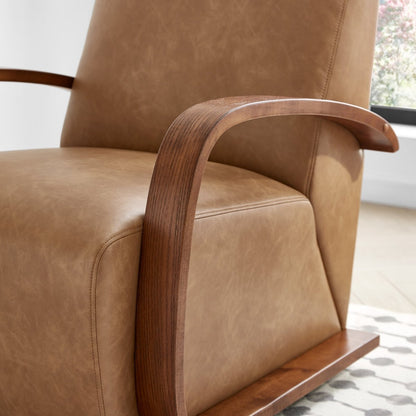 Liora Modern Swivel Accent Chair close-up with tan upholstery and curved wood armrests - CHITA Living