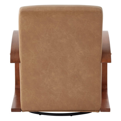 Back view of Liora Modern Swivel Accent Chair with tan upholstery and wooden frame - CHITA Living