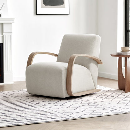 Liora Modern Swivel Accent Chair in cream upholstery with light wood arms in bright room - CHITA Living