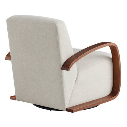 Back view of Liora Modern Swivel Accent Chair with cream upholstery and curved wooden arms - CHITA Living