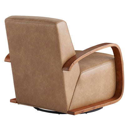 Liora Modern Swivel Accent Chair back view with tan upholstery and wood armrests - CHITA Living