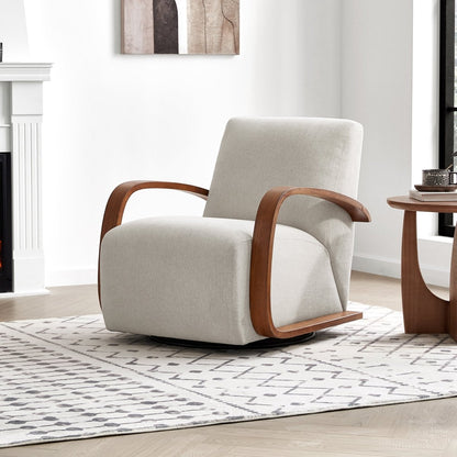 Liora Modern Swivel Accent Chair with cream fabric and curved wood arms in a bright room - CHITA Living