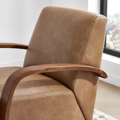 Liora Modern Swivel Accent Chair close-up with tan upholstery and wooden arms - CHITA Living