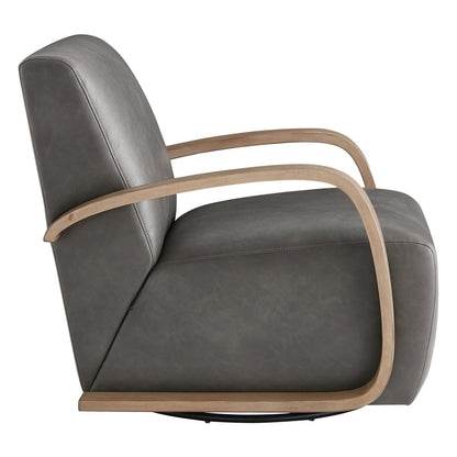 Liora Modern Swivel Accent Chair in gray upholstery with natural wood arms, side view - CHITA Living