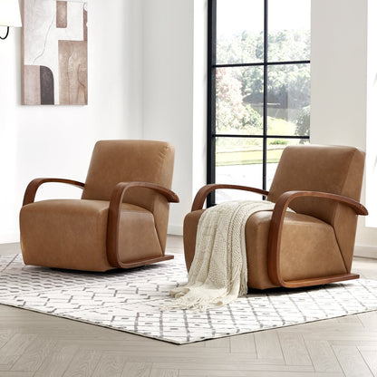 Two Liora Modern Swivel Accent Chairs in tan upholstery and wood arms in bright space - CHITA Living