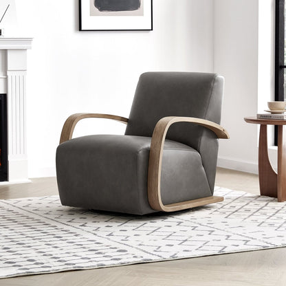 Liora Modern Swivel Accent Chair in gray upholstery with wooden arms and modern design - CHITA Living