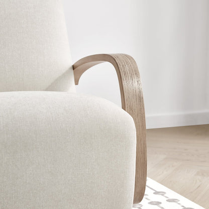 Close-up of Liora Modern Swivel Accent Chair with cream upholstery and curved light wood arms - CHITA Living