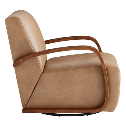 Liora Modern Swivel Accent Chair profile showcasing tan upholstery and wood arms - CHITA Living