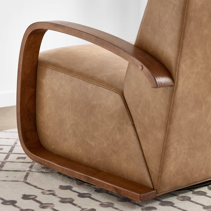 Close-up of Liora Modern Swivel Accent Chair with tan upholstery and wooden armrests - CHITA Living