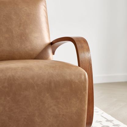 Close-up of Liora Modern Swivel Accent Chair with tan upholstery and wooden armrest - CHITA Living