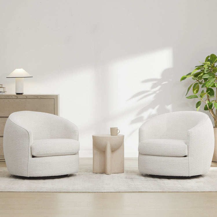 Cozy light grey swivel accent chairs with round shapes beside minimalist side table - CHITA Living