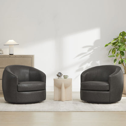 Modern swivel accent chairs in dark grey leather with cozy side table in bright room - CHITA Living