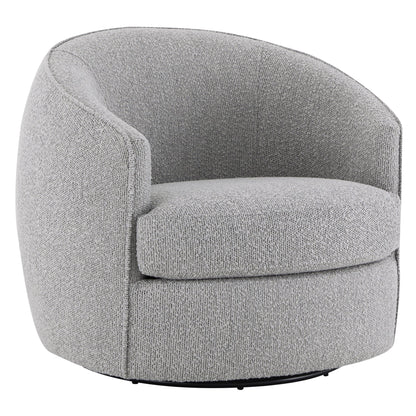 Light grey round swivel accent chair with plush upholstery, perfect for cozy modern interiors - CHITA Living