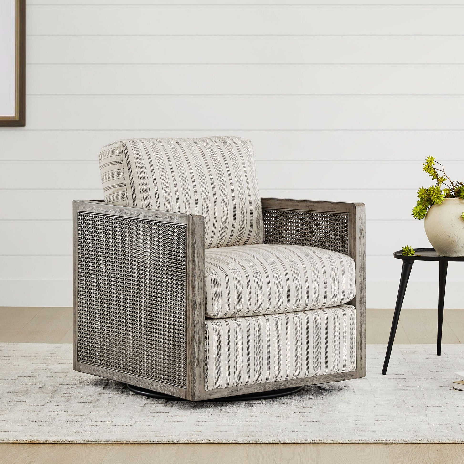 CHITA LIVING-Milly Classic Cane Swivel Armchair-Accent Chair-Natural-Stripes-
