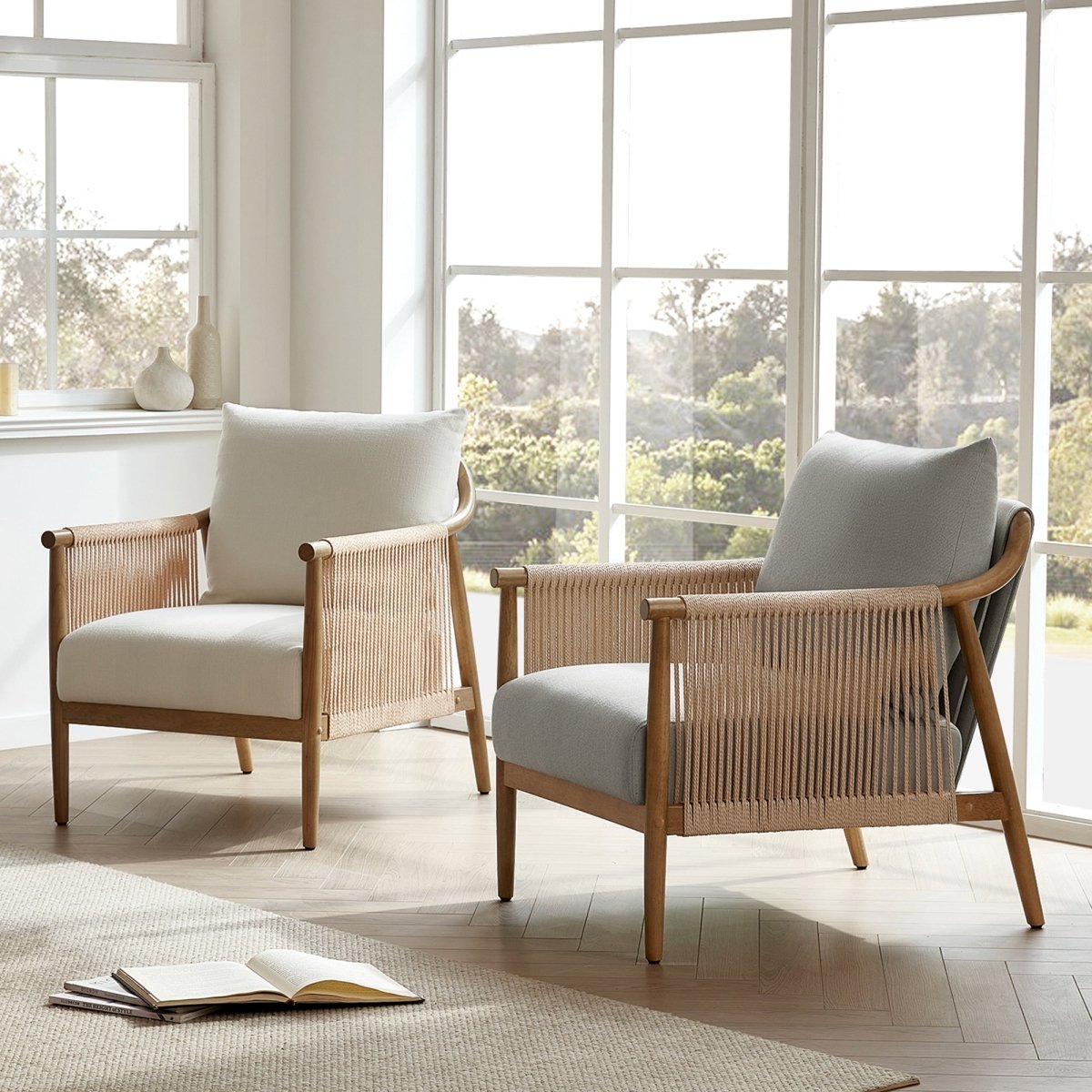 Pair of Sienna Modern Braid Chairs with cream cushions in a sunlit room - CHITA Living