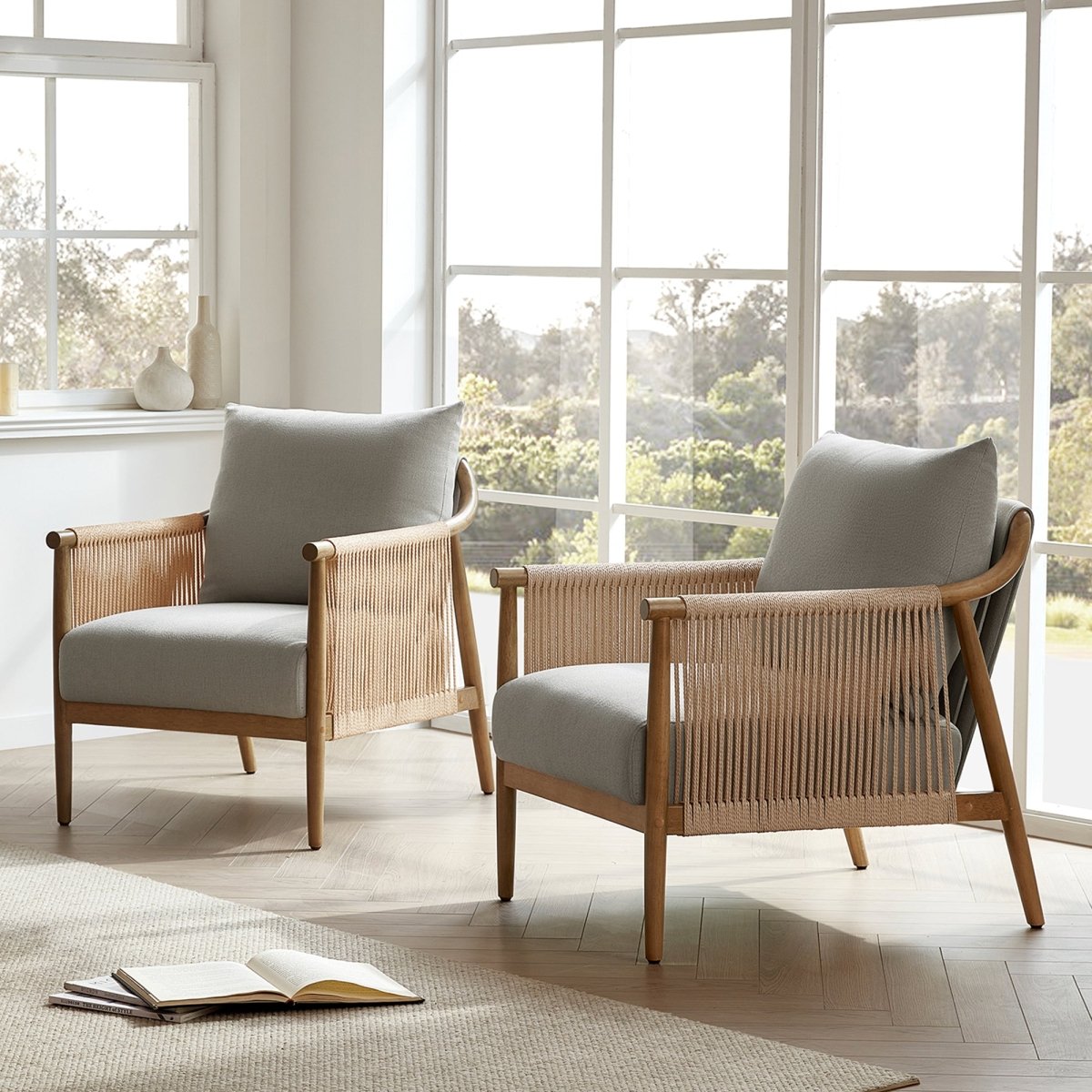 Sienna Modern Braid Chairs with cream cushions and braided back in bright, sunny room - CHITA Living